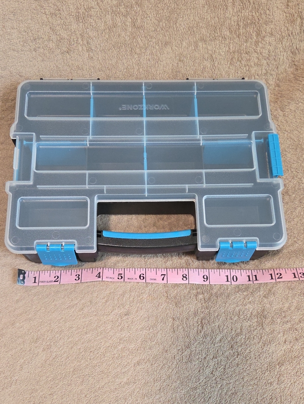Clear Plastic Compartment Organizer Case with Blue Accents